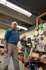 Ken Talbot explains how the community woodworking shop runs. Photo: Aaron Orlando/Revelstoke Mountaineer