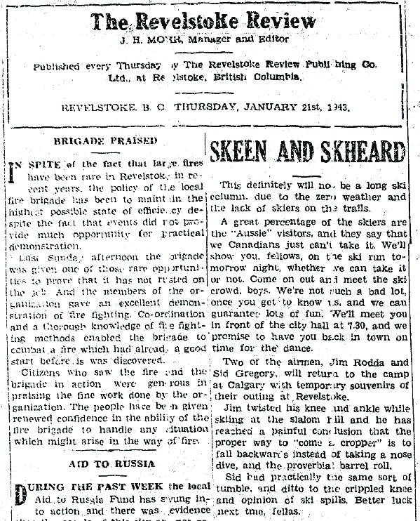The Skeen and Skiheard columb in the Revelstoke Times Review in 1943. Photo: Revelstoke Museum & Archives